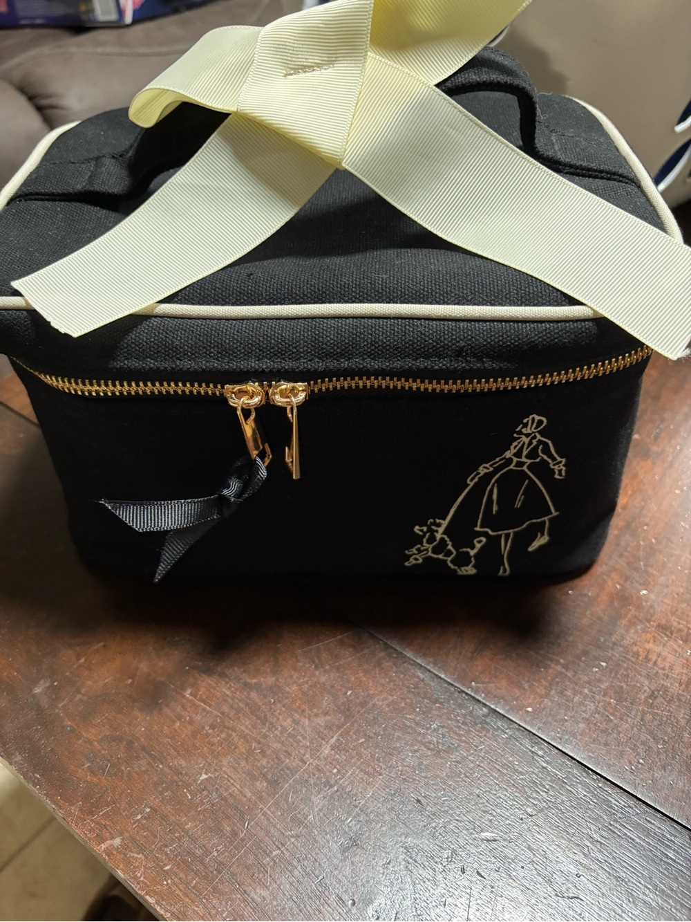 Black Canvas Travel Cosmetic Case with Gold Zipper and Bow